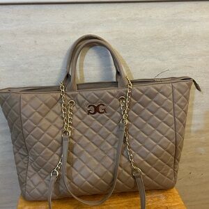 Gilda Paris Large Quilted Tote Bag in Taupe with Chain Handles